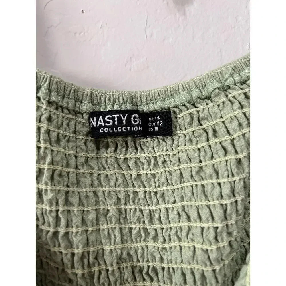 Nasty Gal Shirred Puff Sleeve Maxi Slit Dress Light Green Size 10 - Picture 10 of 10